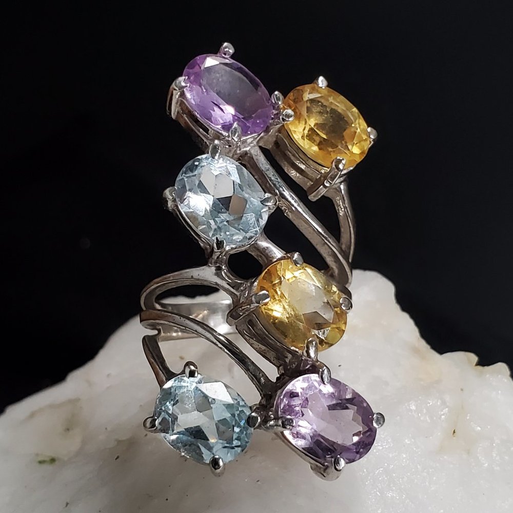 Multi-Gemstone Sterling Ring in Purple, Yellow and Light Blue